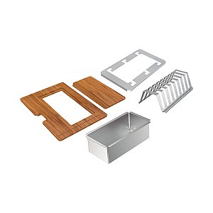 Kit Para Pia Tramontina Design Collection Acessórios Em Aço Inox Com Acabamento Acetinado E Tábua Em Madeira Vazada 42X32 Cm