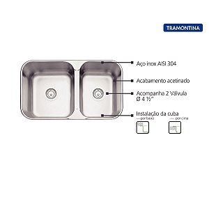 Cuba De Embutir/Sobrepor Tramontina Isis 2C 34-28 Bs Em Aço Inox Escovado 69X40 Com 2 Cubas