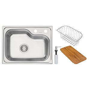 Cuba Tramontina Morgana Compact 48 Fx Undermount Em Aço Inox Com Acabamento Escovado Com Dosador De Sabão, Tábua E Cesto Aramado