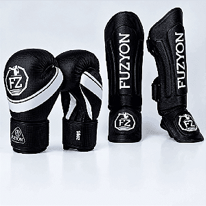 Kit Muay Thai e Kickboxing Fuzyon Black: Luva Colors + Caneleira 30mm