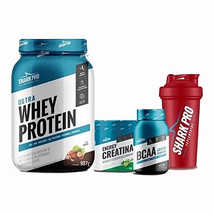 KIT SHARK (CHOC C/ AVELA) - POTE (CREATINA,WHEY,BCAA, COQUETELEIRA)