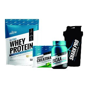 KIT SHARK (CHOC BRANCO) - POUCH (CREATINA,WHEY,BCAA, COQUETELEIRA)