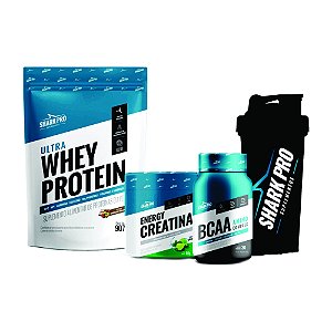 KIT SHARK (CHOC C/ AVELA) - POUCH (CREATINA,WHEY,BCAA, COQUETELEIRA)