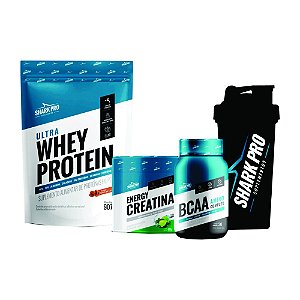 KIT SHARK (DOCE DE LEITE) - POUCH (CREATINA,WHEY,BCAA, COQUETELEIRA)