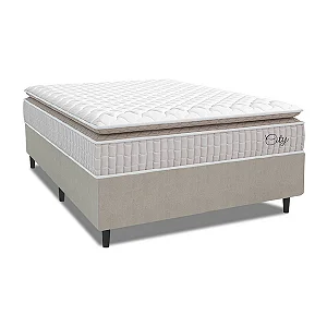 Cama Box Colchão Casal Molas Ensacadas City Pillow Top 138x188x61cm Branco / Bege Hellen - Suporta Até 110kg Por Pessoa