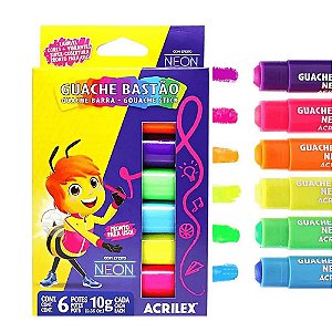 Guache Bastão Neon 6 Cores Estojo 02 Tinta Escolar Fluorescente