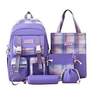 Conjunto Completo de Mochila e Acessório Lilás 05 Itens