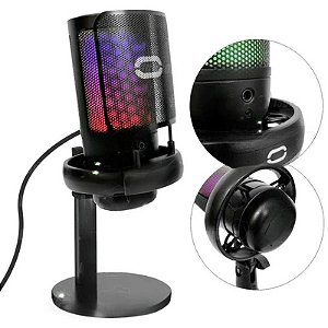 Microfone Gamer Preto com Suporte RGB Led 07 Cores Usb Pc