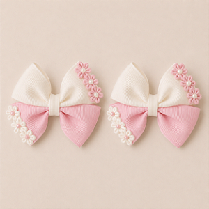 Laço Infantil Grande Off White e Rosa Claro Candy Color | Bico de Pato Encapado