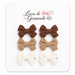 Kit 3 Pares Laços Baby Veludados Branco Nude e Marrom Inverno