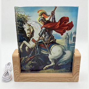 Quadro Luminária São Jorge com Base de Madeira – USB