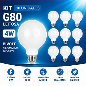 Kit 10 Lâmpadas LED Globo G80 4W Branco Frio