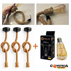 3 Pendentes Cordas Bege Retrô Bivolt + 3 Lâmpadas