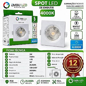 Kit 12 Spot Led Embutir Quadrado Mr16 5w Embuled Branco Neutro 4000K Bivolt