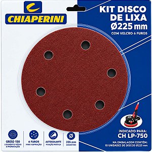 Kit 10 Lixas 225 mm 6 Furos Grão 150 Autocolante Chiaperini