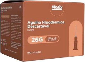 Agulha Hipodérmica 13x0,45mm 26G Marrom Caixa C/100 Unidades - Medix