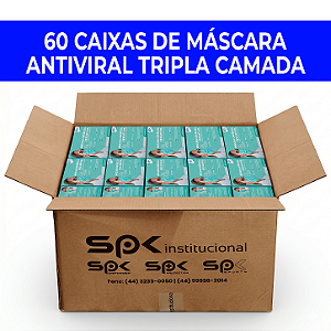 60 Caixas Máscara Descartável Adulto Antiviral Tripla Camada - Caixa Master