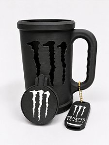 PORTA CANECA MONSTER PRETA + CHAVEIRO ABRIDOR + TAMPA