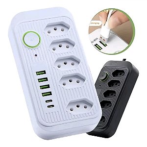 Régua de Tomadas 5 Saídas e 6 USB Tipo C e UAB