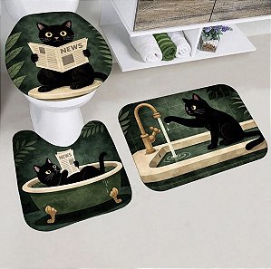 kit jogo Tapete Banheiro Estampa Gato Preto Vintage Antiderrapante 3 peças