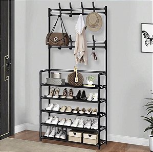 Sapateira preta de 5 camadas, com espaço estendido na camada superior para pendurar roupas, chapéus e bolsas, fácil de montar, leve e durável