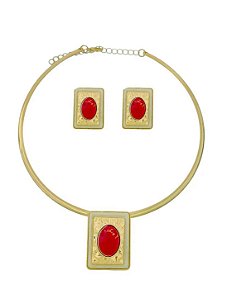 Conjunto Choker Aro e Brinco Quadrados Resinados - Vermelho