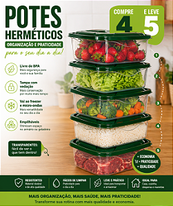 Kit Potes Herméticos 1,39L Retangular G Leve 5 Pague 4 Organizadores 3UD