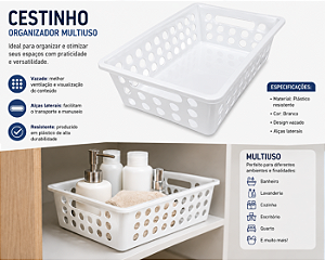 Cestinho Organizador Multiuso Pequeno Vazado Com Alças Cleaning BRANCO 29x19x8CM 3UD