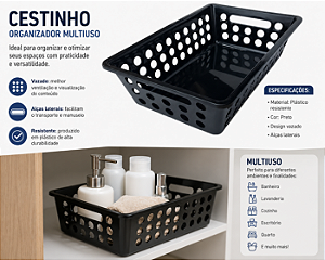Cestinho Organizador Multiuso Pequeno Vazado Com Alças Preto 29x19x8CM 3UD