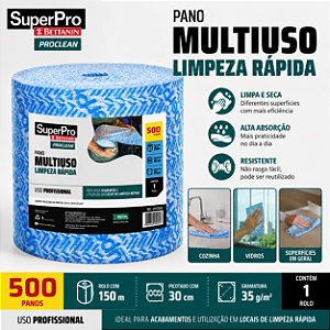 Pano Multiuso Limpeza Rápida SuperPro Proclean Rolo Com 500 Panos Azul