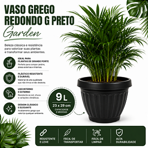 VASO GREGO REDONDO G PRETO GARDEN - 9L 23X29CM