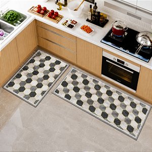 Kit 2 Tapetes de Cozinha Antiderrapante Estampa HEXÁGONOS 100% Poliester