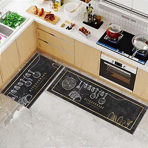 Kit 2 Tapetes de Cozinha Antiderrapante Estampa KITCHENWARE 100% Poliester