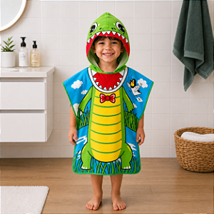 Toalha de Banho Infantil Com Capuz Estampa Jacaré Frente e Verso