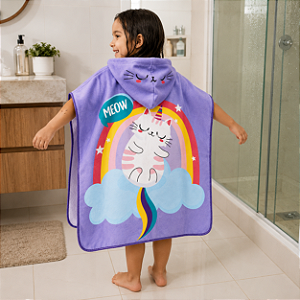 Toalha de Banho Infantil Com Capuz Estampa Gatinha Frente e Verso
