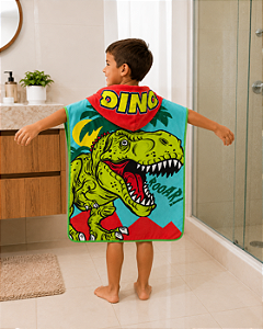 Toalha de Banho Infantil Com Capuz Estampa Dinossauro Frente e Verso