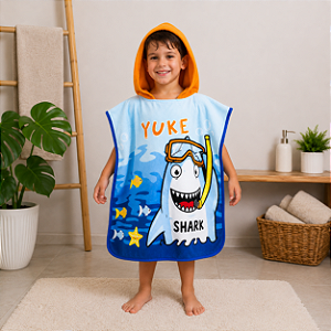 Toalha de Banho Infantil Com Capuz Estampa Shark Yuke Frente e Verso