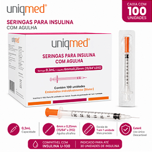 Seringa Para Insulina Uniqmed 0,3ml com Agulha 6mm x 0,25mm 31G Caixa com 100 Unidades