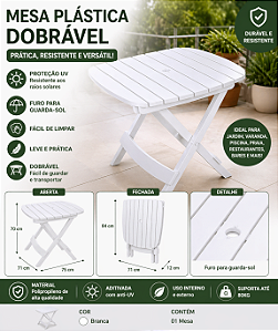 Mesa Plástica Dobrável Branca Com Furo Para Guarda Sol Resistente UV Antares