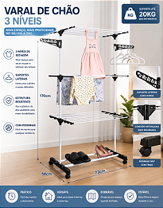 Varal de Roupa Dobrável Vertical Aço Inox 3 Andares com Rodinhas e Cabides 123 Organizei