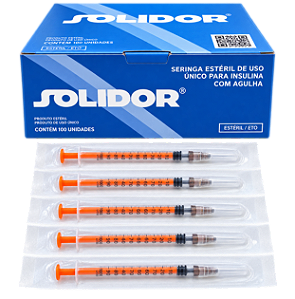 Seringa Insulina Com Agulha 1mL 100UI 26G 13x0,45mm 100 Unidades Solidor