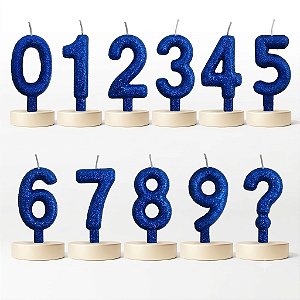 Vela Glitter Azul números de 0 a 9 e ?