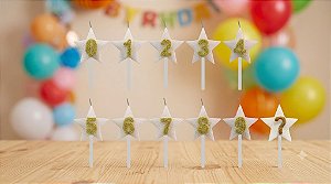 Vela Aniversário estrela Branca com glitter