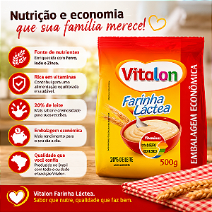 Farinha Láctea Vitalon 500g Embalagem Econômica com Vitaminas Ferro Iodo e Zinco