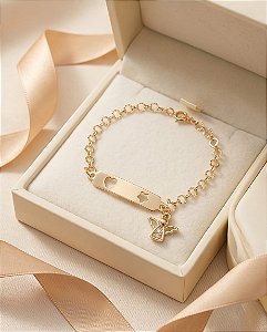 Pulseira Plaquinha e Anjinho Banhada a Ouro 18k