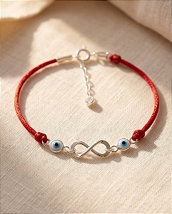 Pulseira vermelha infinito e olho grego em prata 925 com extensor