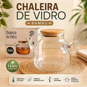 Chaleira de Vidro Borossilicato 1L Tampa de Bambu, Bule Infusor para Chá, Jarra Resistente ao Calor