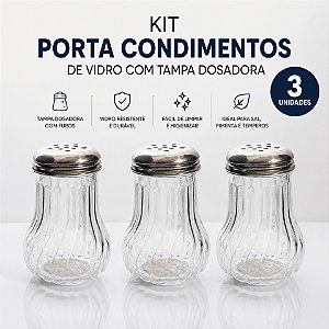 Kit 03 Porta Condimentos Saleiro Pimenteiro Tampa Dosadora Inox Porta tempero Vidro Organizador