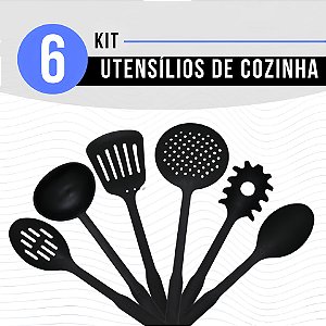 Kit 06 Utensílios De Cozinha Escumadeira Espátula Colher Concha Nylon Não Risca Panela