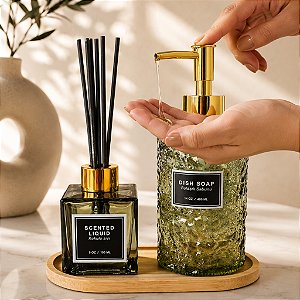 Kit Banheiro 4 Peças Pia Porta Sabonete Líquido Dispenser Frasco Difusor Luxo